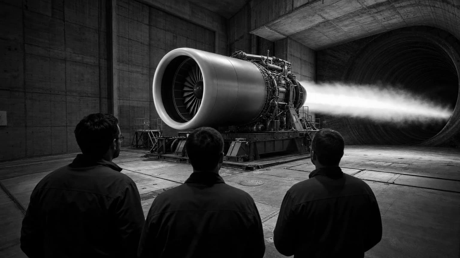 Three engineers watching a jet engine run inside a concrete test cell