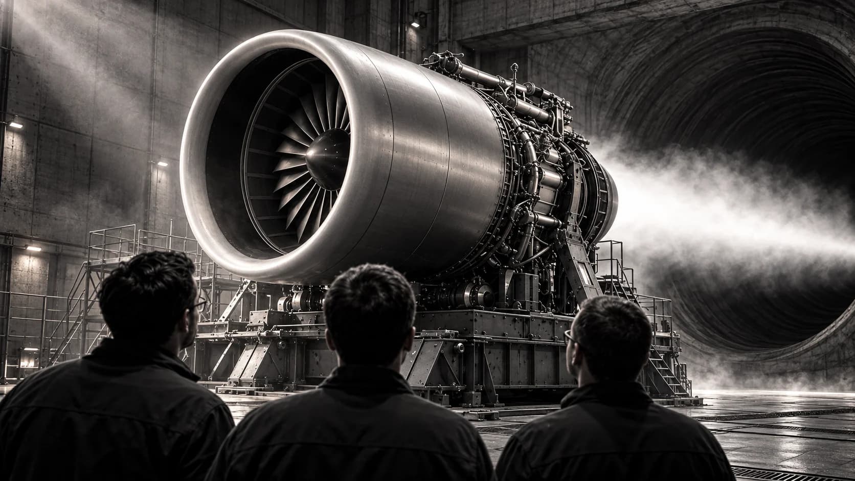 Three engineers watching a jet engine run inside a concrete test cell
