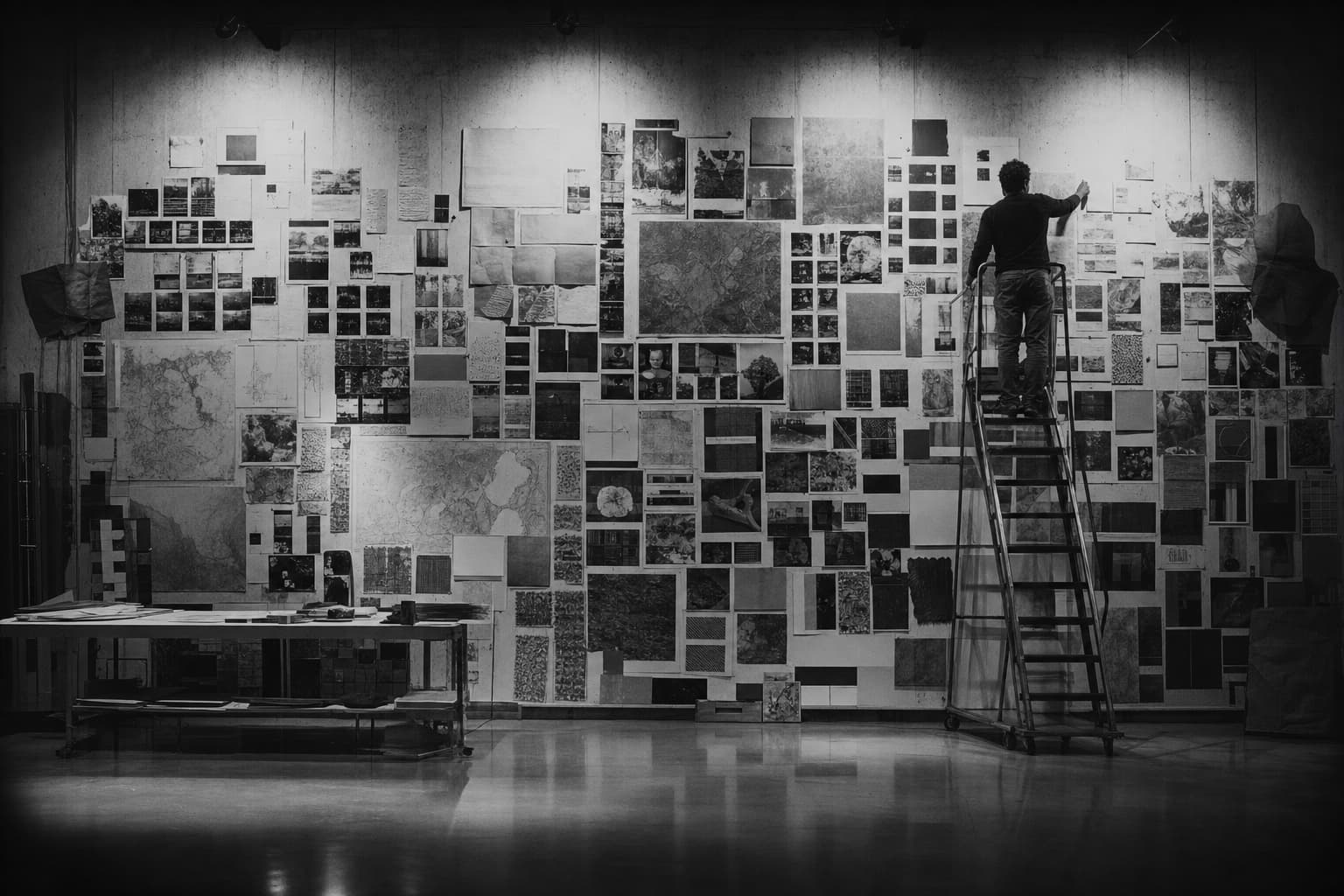 A person on a rolling ladder edits a vast studio wall of contact sheets, maps, and material tests